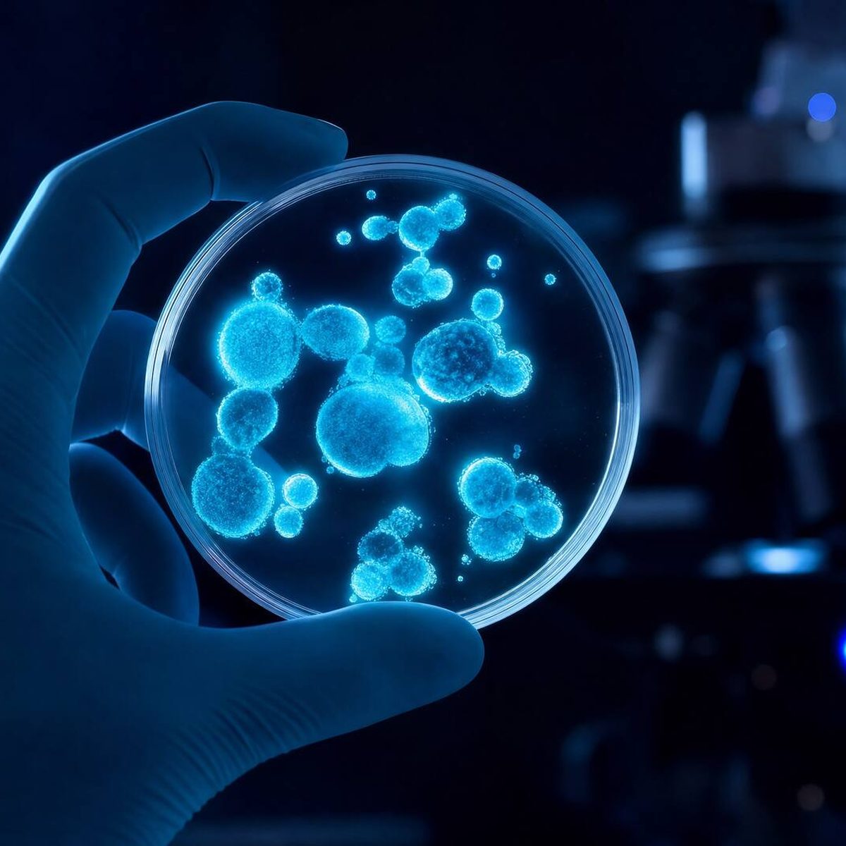A gloved hand holding a culture dish of cells under laboratory light